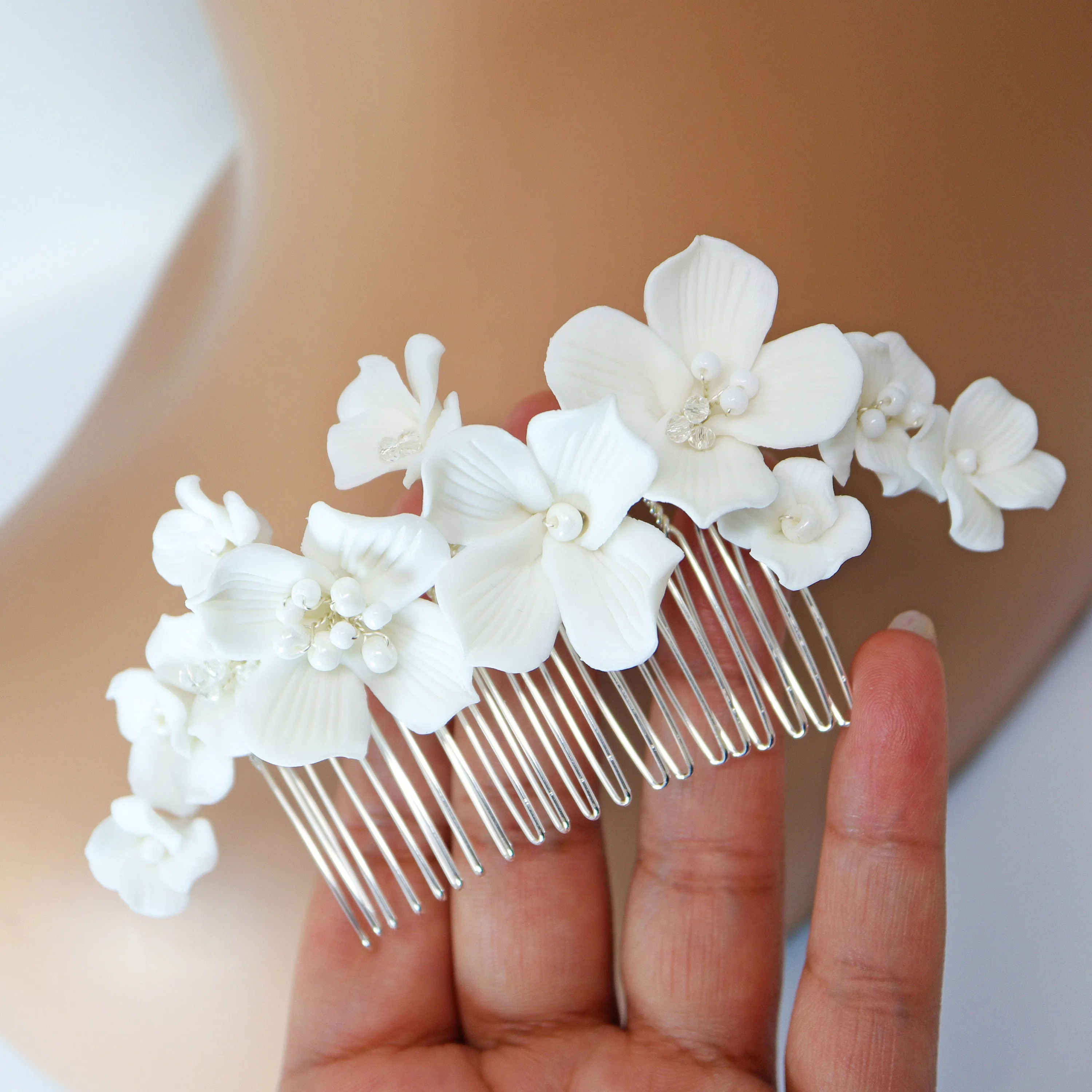 Ceramic White flower Flowers Pearl Hair comb,  Bridal Hair piece, Bridal Hair Accessories, Wedding Hair Accessory.