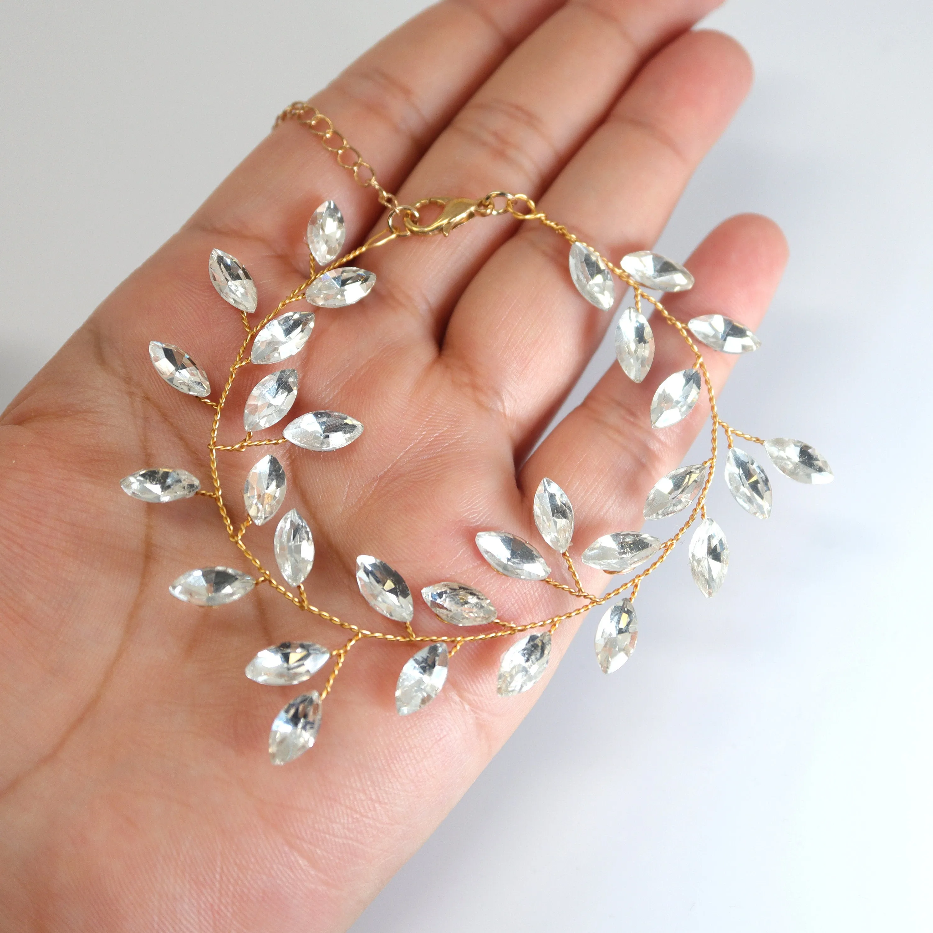 Clear Stone Rhinestone Bracelet, Vine Leaves Bracelet, Statement Bracelet, Opal Bracelet, Gift for her, Custom Gift.