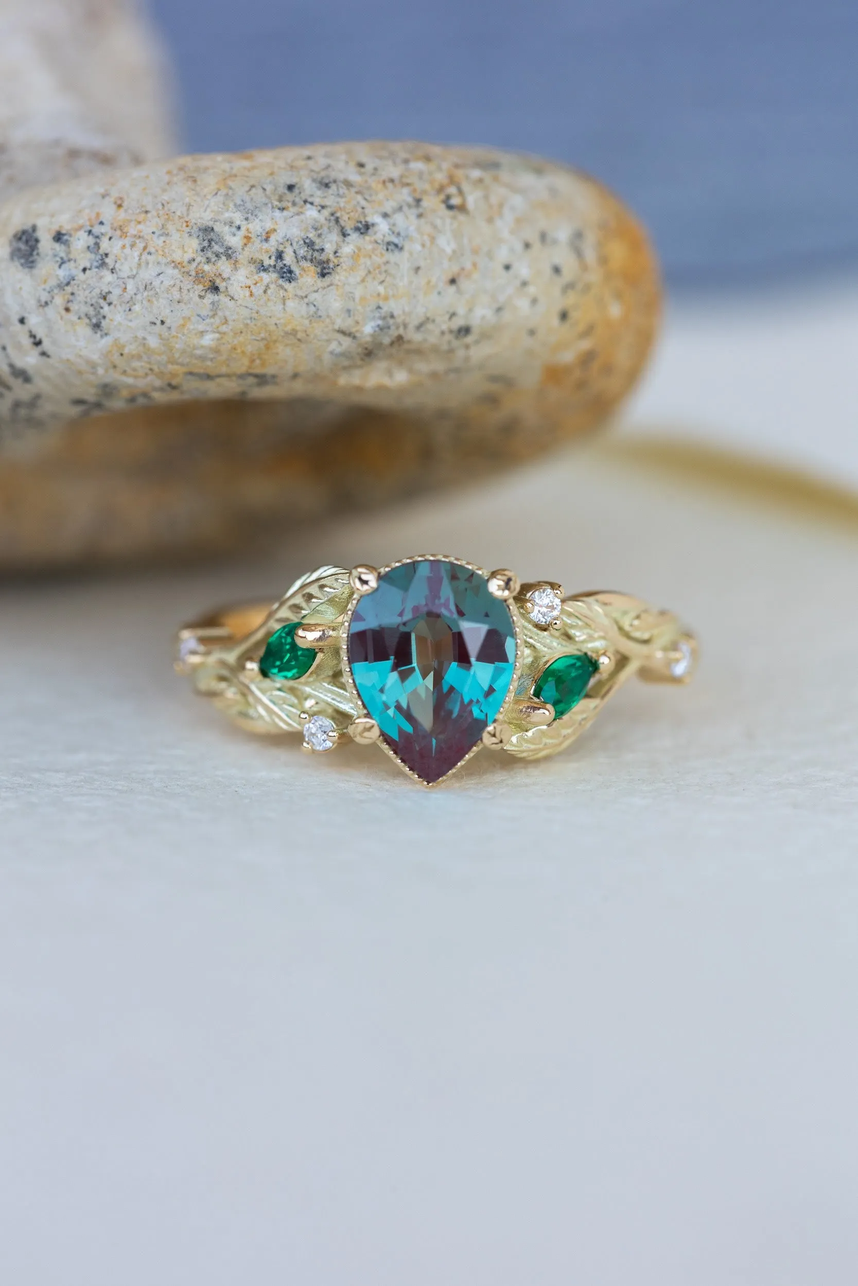 Colour changing alexandrite engagement ring, gold vines proposal ring / Patricia