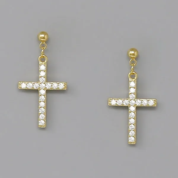 Cross CZ Pave Drop Earrings