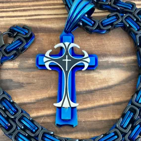 Cross - Risen Cross Blue & Silver Pendant - Necklace - PEN824