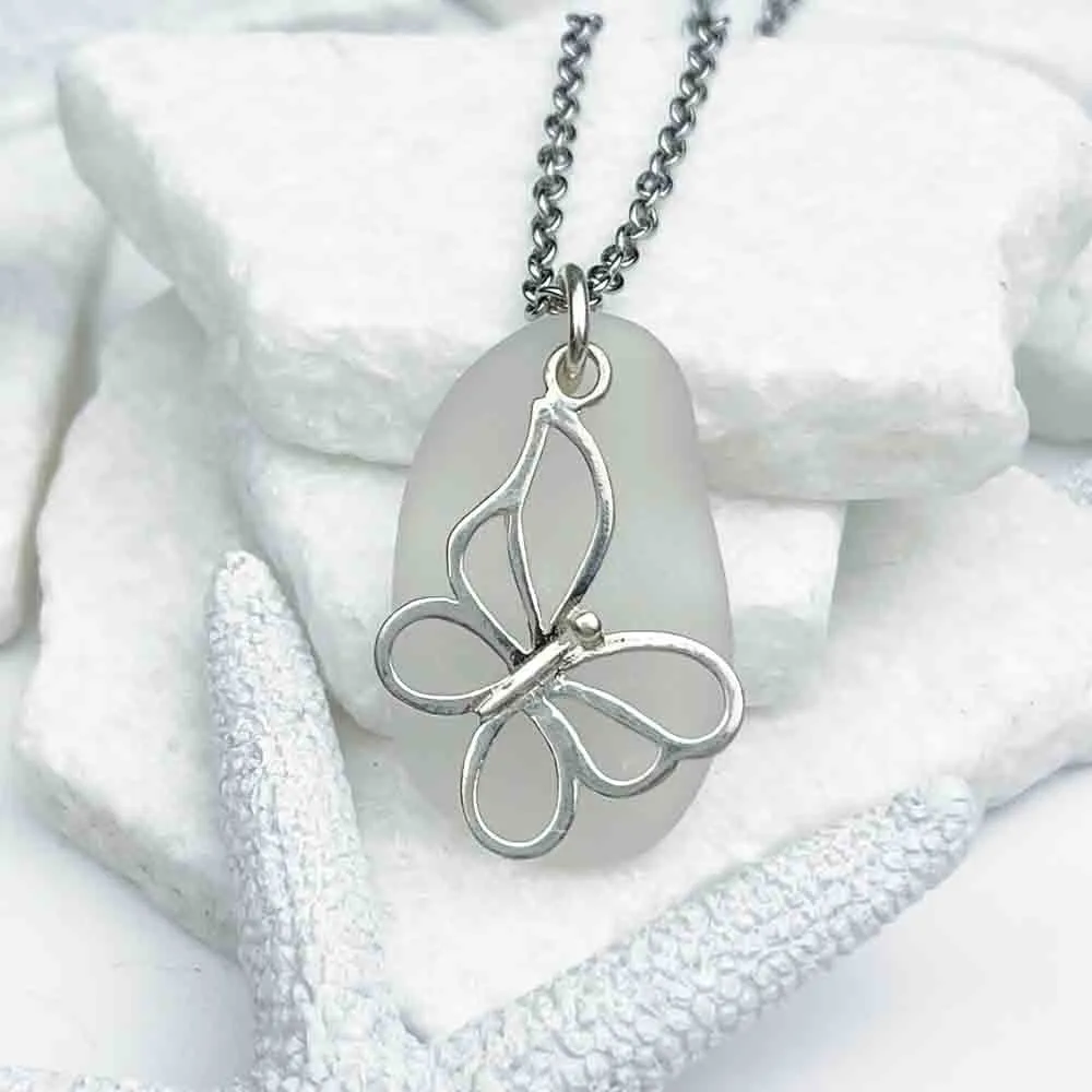 Crystal Clear Sea Glass Pendant with Sterling Silver Butterfly Charm | #1938