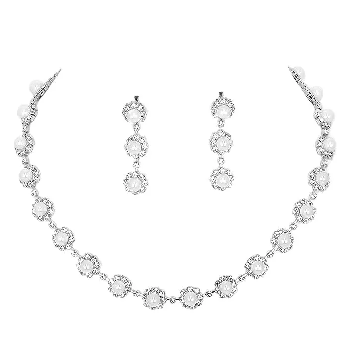 Crystal Rhinestone Pearl Flower Collar Necklace