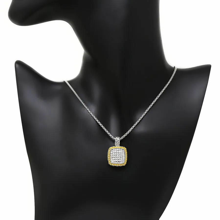 Cubic Zirconia Pave Square Pendant Two Tone Necklace