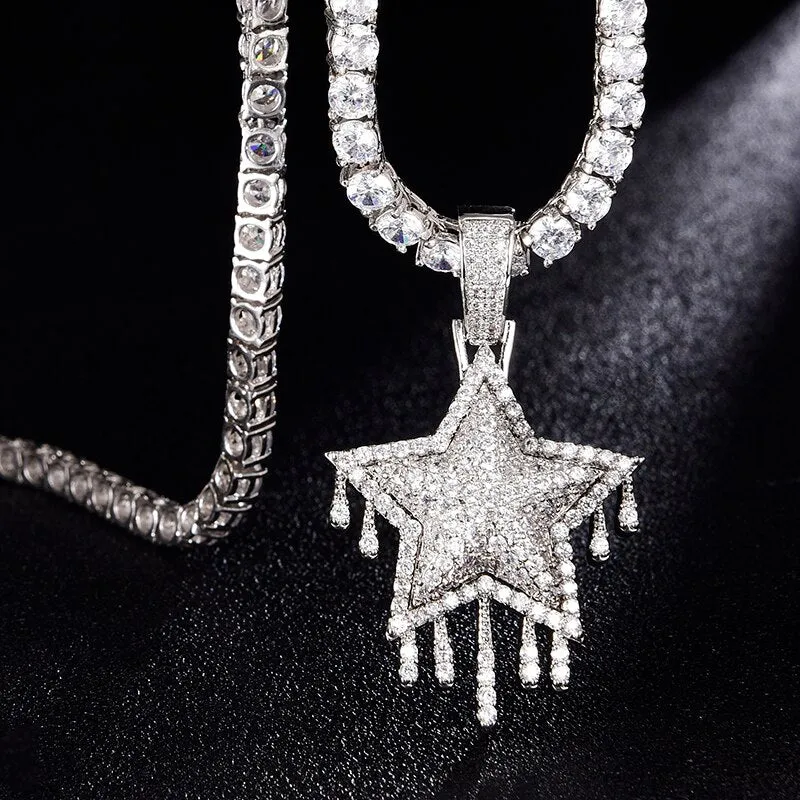 Cubic-Zirconia-Studded Dripping Star Bling Hip-hop Pendant Necklace