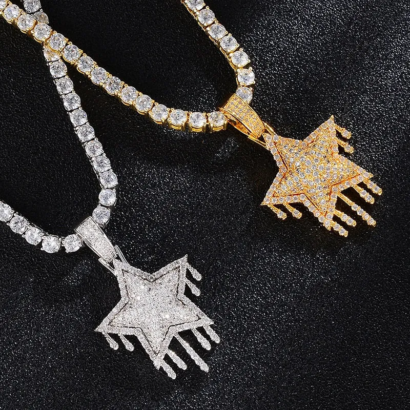 Cubic-Zirconia-Studded Dripping Star Bling Hip-hop Pendant Necklace