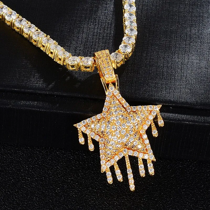 Cubic-Zirconia-Studded Dripping Star Bling Hip-hop Pendant Necklace