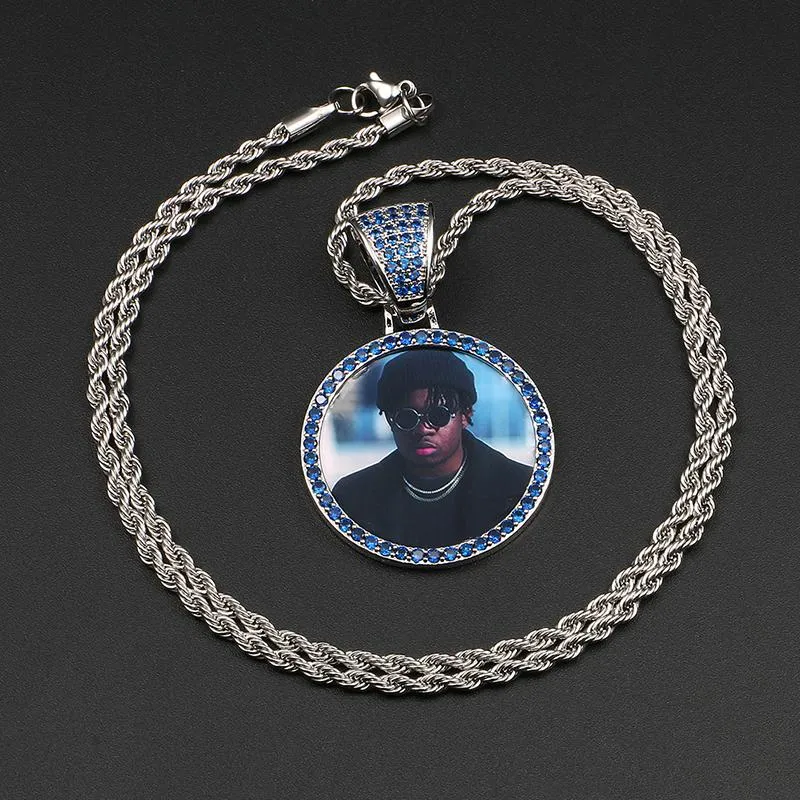 Custom Plating of Gold Photo Blue Crystal Pendant Medallion Necklace