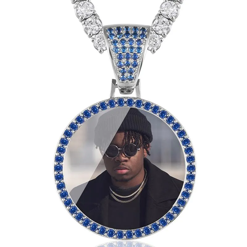 Custom Plating of Gold Photo Blue Crystal Pendant Medallion Necklace