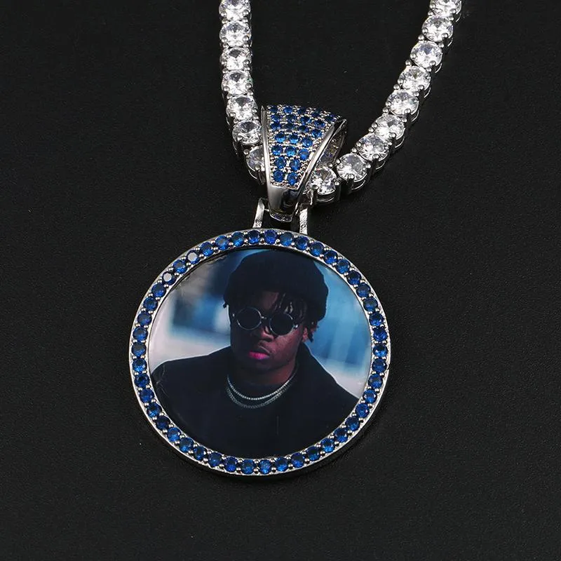 Custom Plating of Gold Photo Blue Crystal Pendant Medallion Necklace