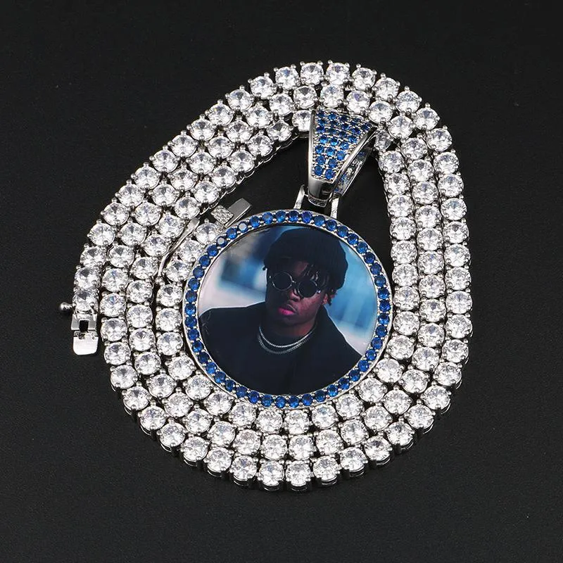 Custom Plating of Gold Photo Blue Crystal Pendant Medallion Necklace