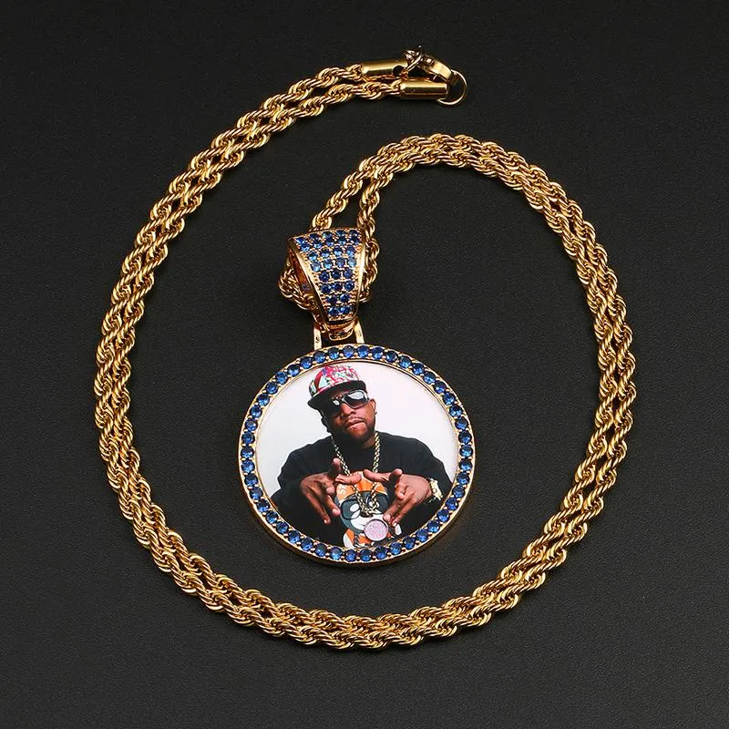 Custom Plating of Gold Photo Blue Crystal Pendant Medallion Necklace