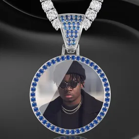 Custom Plating of Gold Photo Blue Crystal Pendant Medallion Necklace