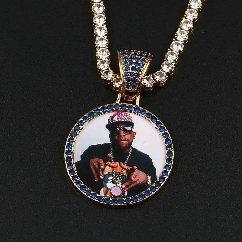 Custom Plating of Gold Photo Blue Crystal Pendant Medallion Necklace