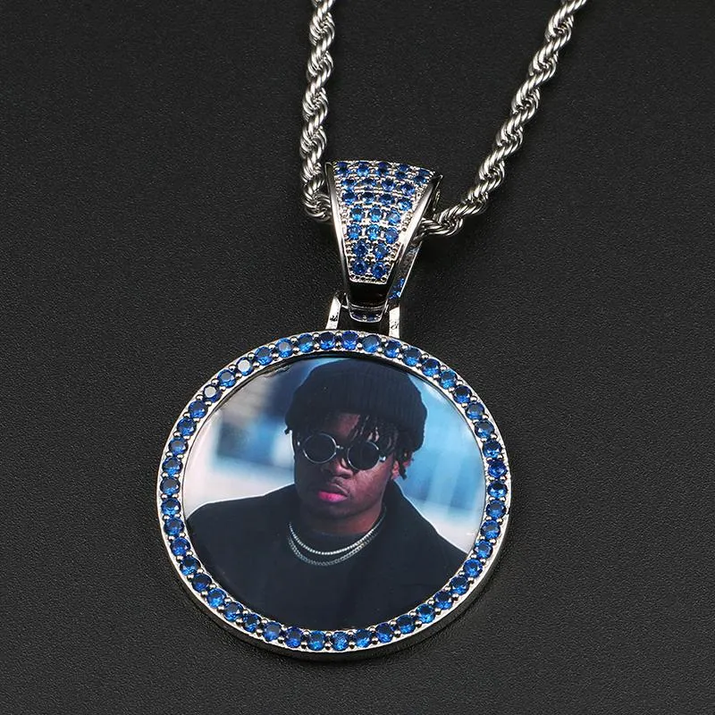 Custom Plating of Gold Photo Blue Crystal Pendant Medallion Necklace