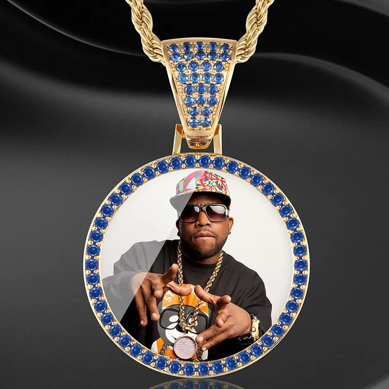 Custom Plating of Gold Photo Blue Crystal Pendant Medallion Necklace