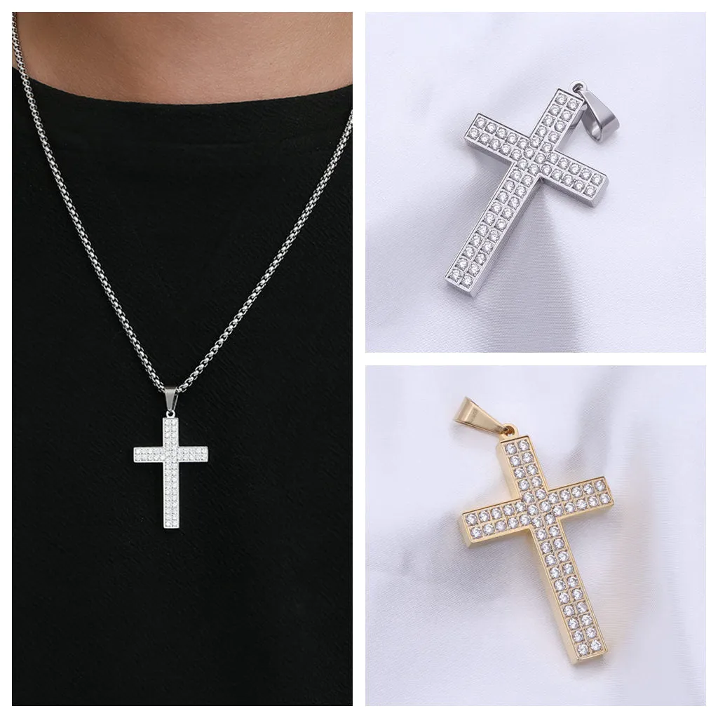 CZ Paved Stainless Steel Cross Pendant - Gold