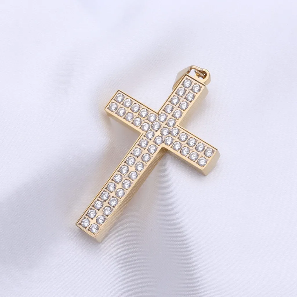 CZ Paved Stainless Steel Cross Pendant - Gold