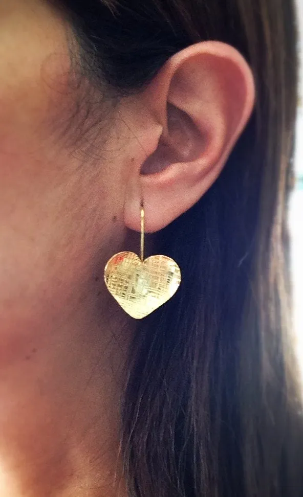 Dangle Heart Earrings, Silver or Gold Plated Heart Earrings, hand hammered jewelry, Big Heart Earrings, Dangle gold Earrings, Silver Heart