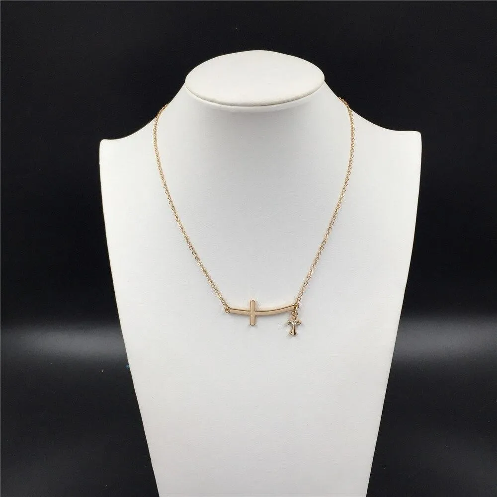 Double Linked 2 Sideways Cross Pendant Necklace