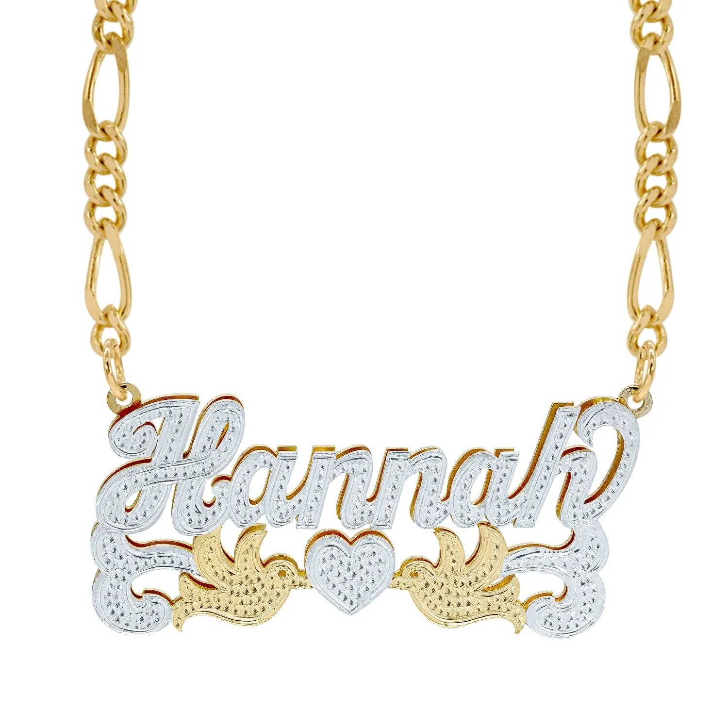 Double Nameplate Necklace w/ Love Birds Hannah with Figaro chain