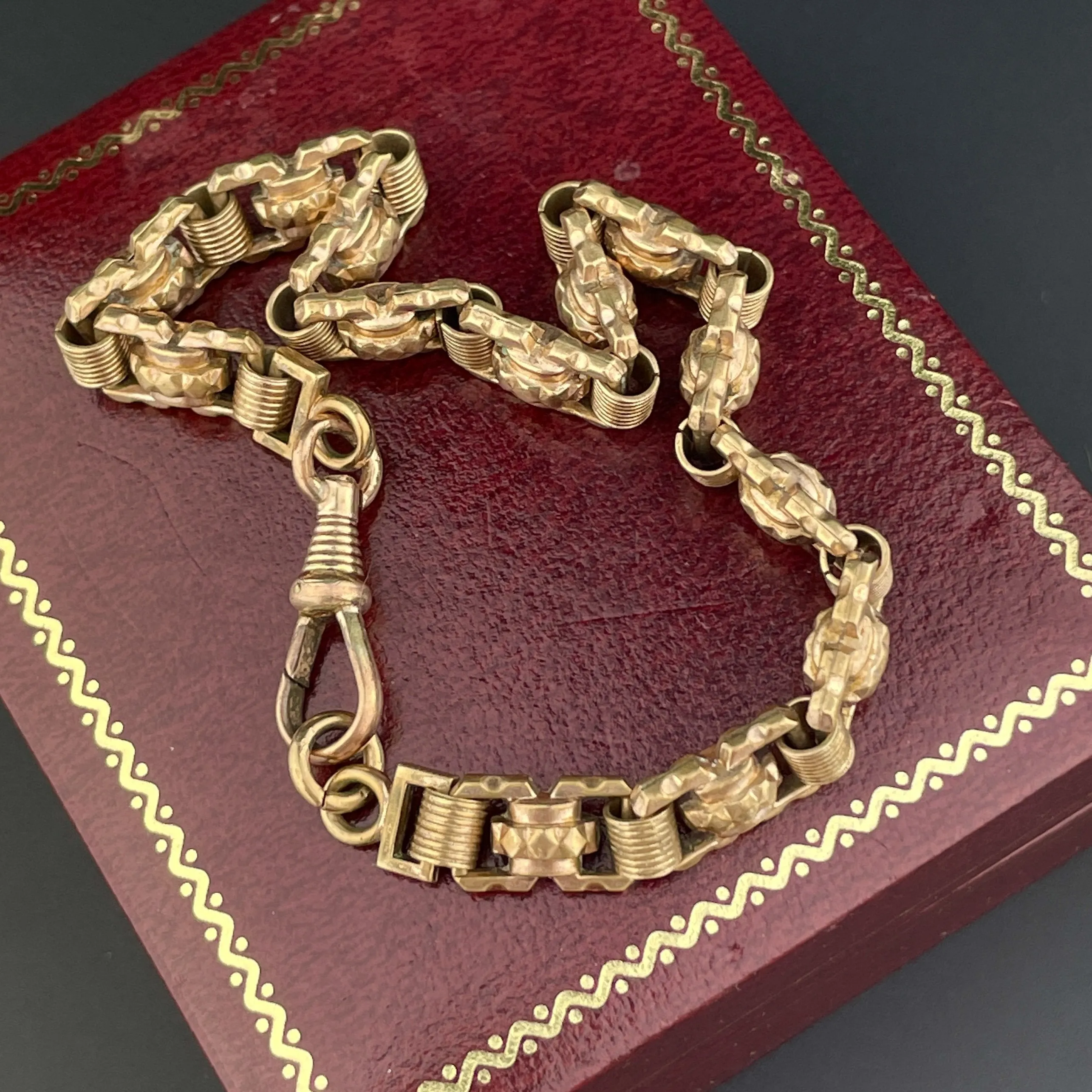 Edwardian Rolled Gold Fancy Cut Double Sided Watch Chain Bracelet