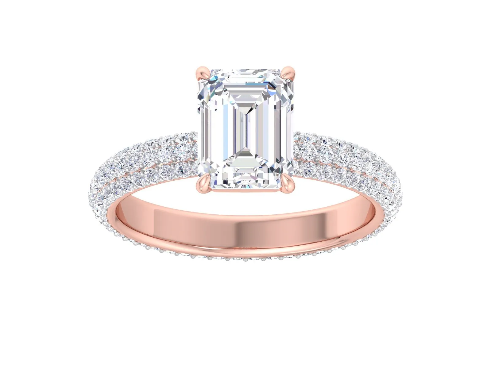 Elongated Emerald Cut Moissanite Engagement Ring, Pave Band