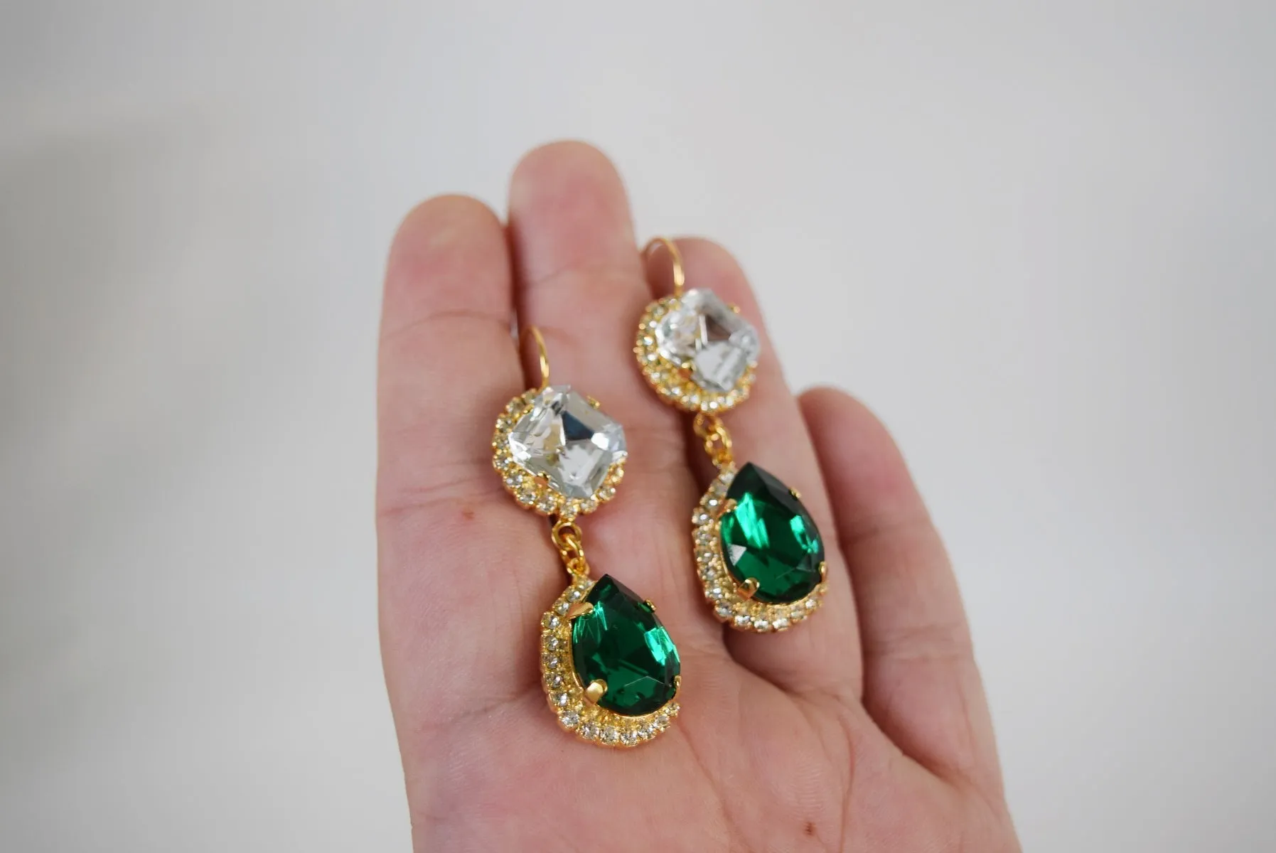 Emerald Teardrop Crystal Halo Earrings - Two Stone