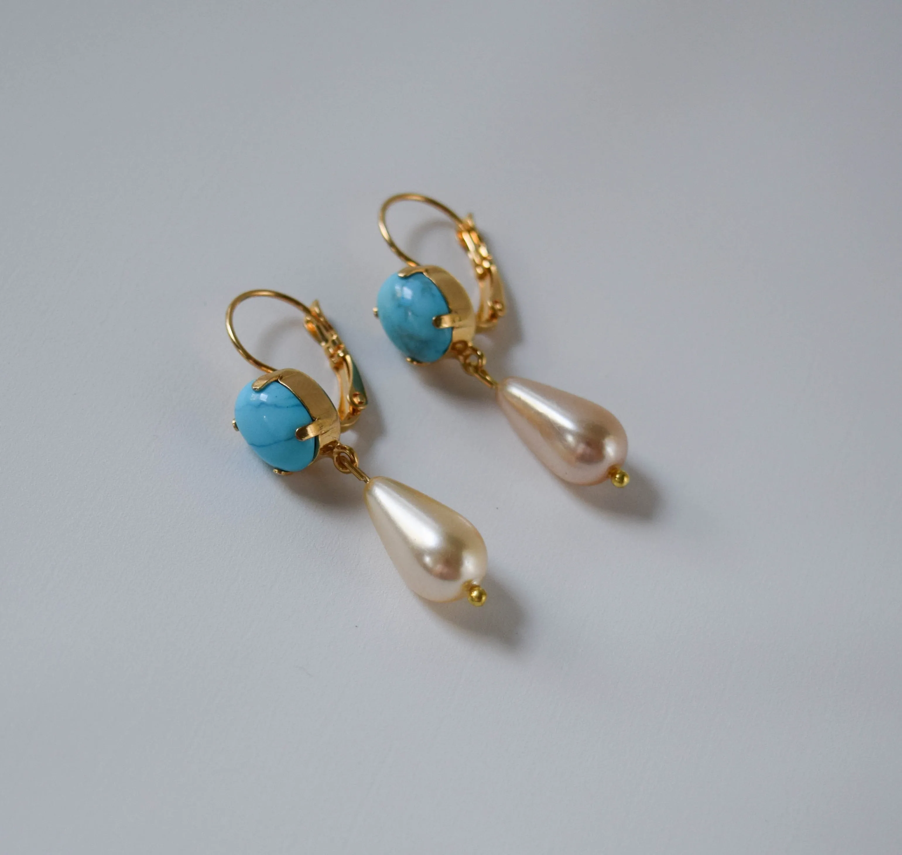 Faux Turquoise and Pearl Dangles - Small Oval