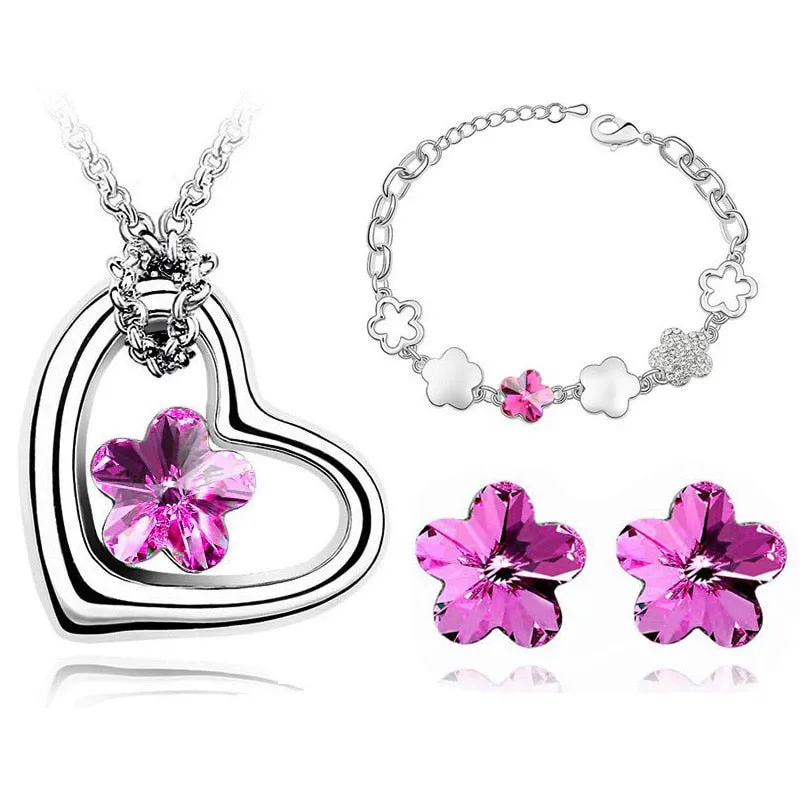 Flower Crystal Necklace, Bracelet & Earrings Classic Fashion Wedding Jewelry Set