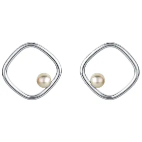 Freshwater Cultured Pearl Gravity Square Earrings in Sterling Silver