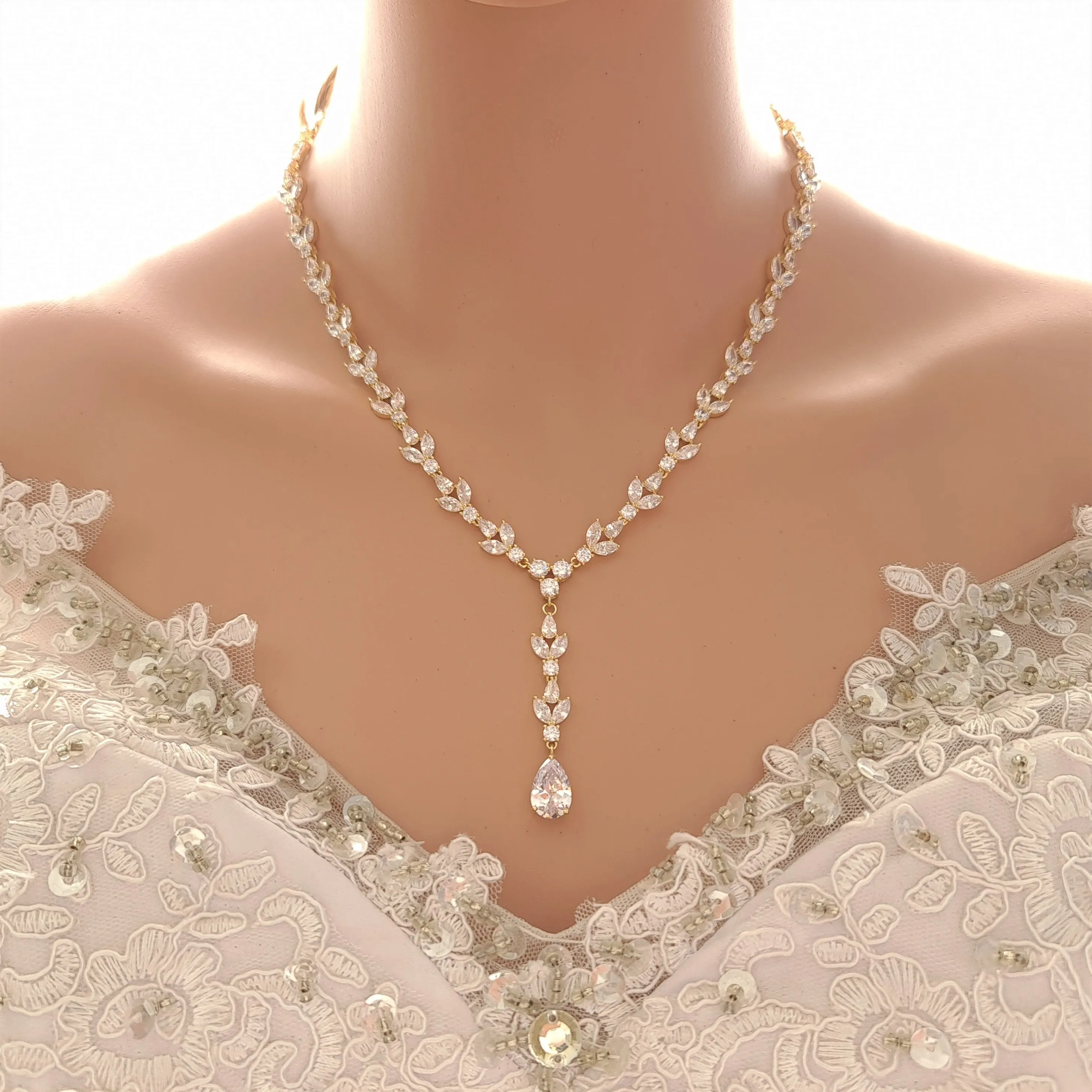 Full Crystal Wedding Necklace with Simple Backdrop Gold-Anya