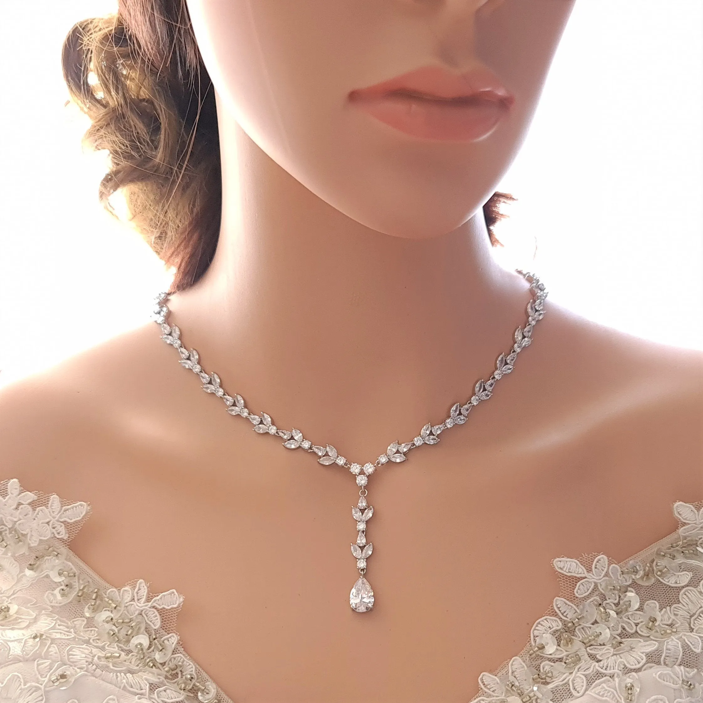 Full Crystal Wedding Necklace with Simple Backdrop Gold-Anya