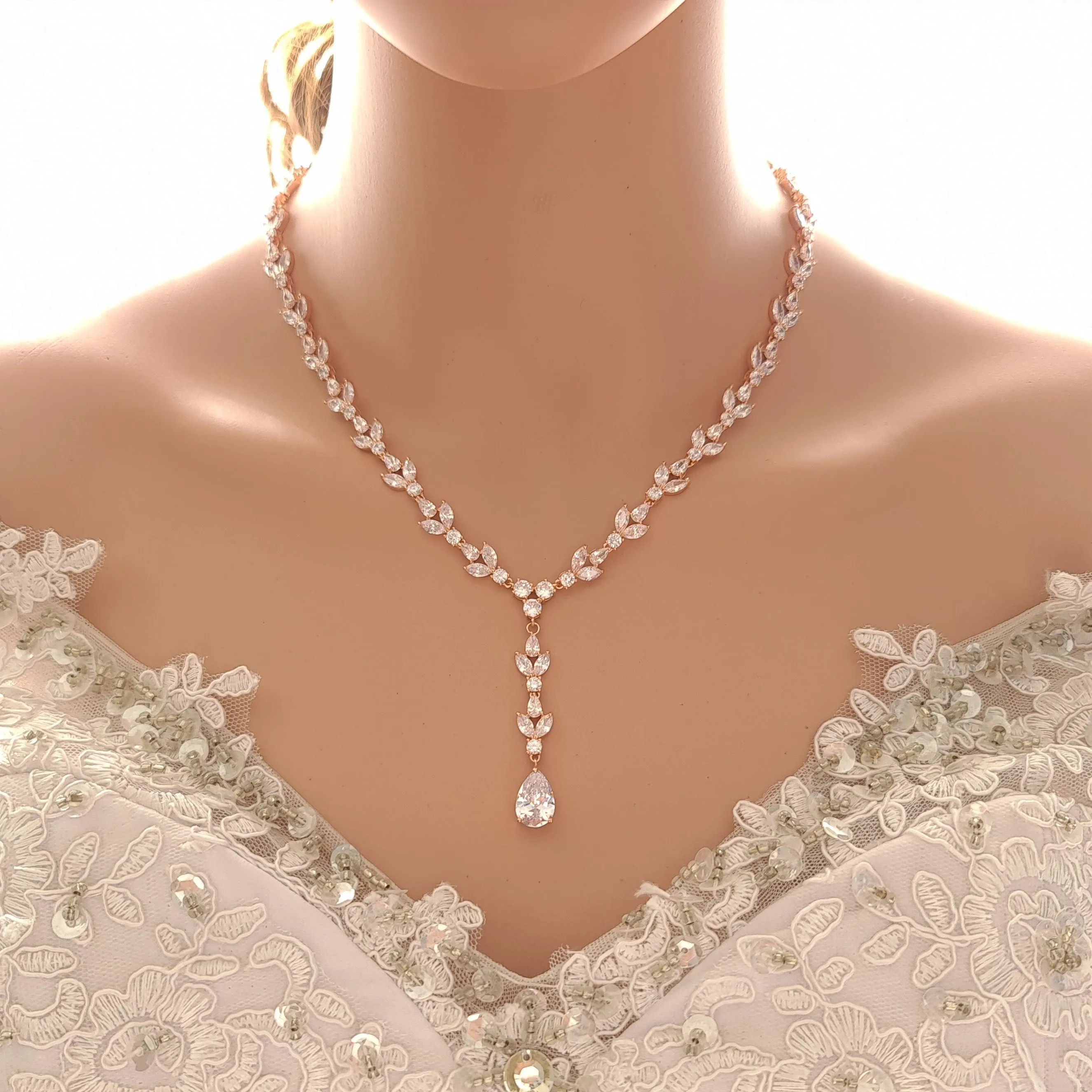 Full Crystal Wedding Necklace with Simple Backdrop Gold-Anya