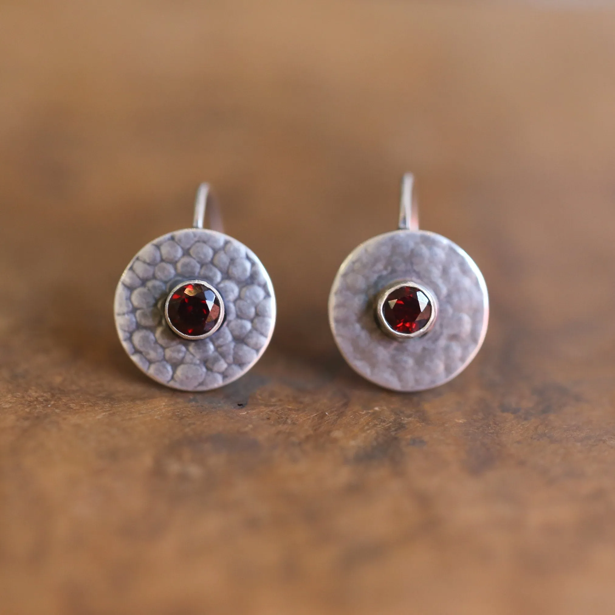 Garnet Drop Earrings - Garnet Earrings - Silversmith - Hammered Garnet Drops