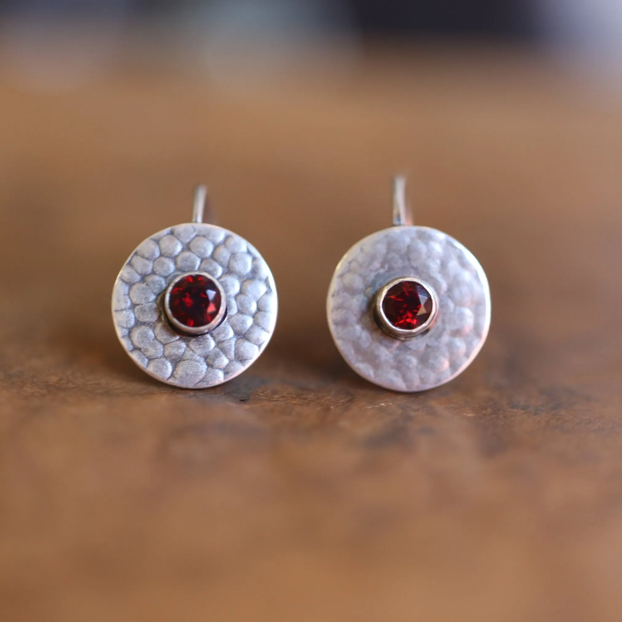 Garnet Drop Earrings - Garnet Earrings - Silversmith - Hammered Garnet Drops