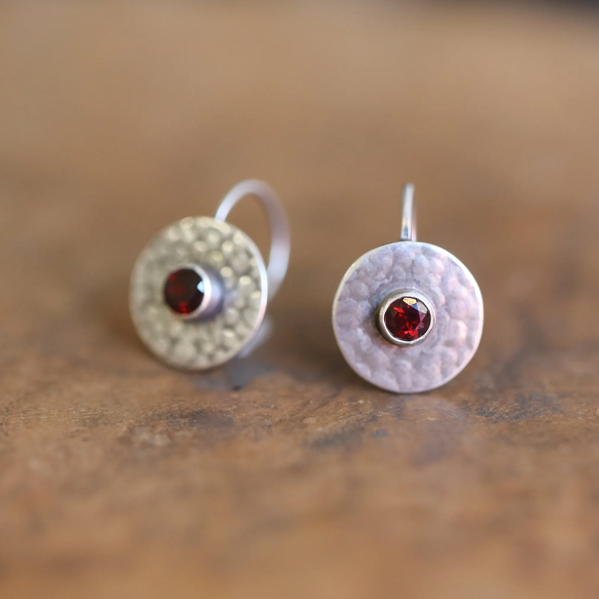 Garnet Drop Earrings - Garnet Earrings - Silversmith - Hammered Garnet Drops