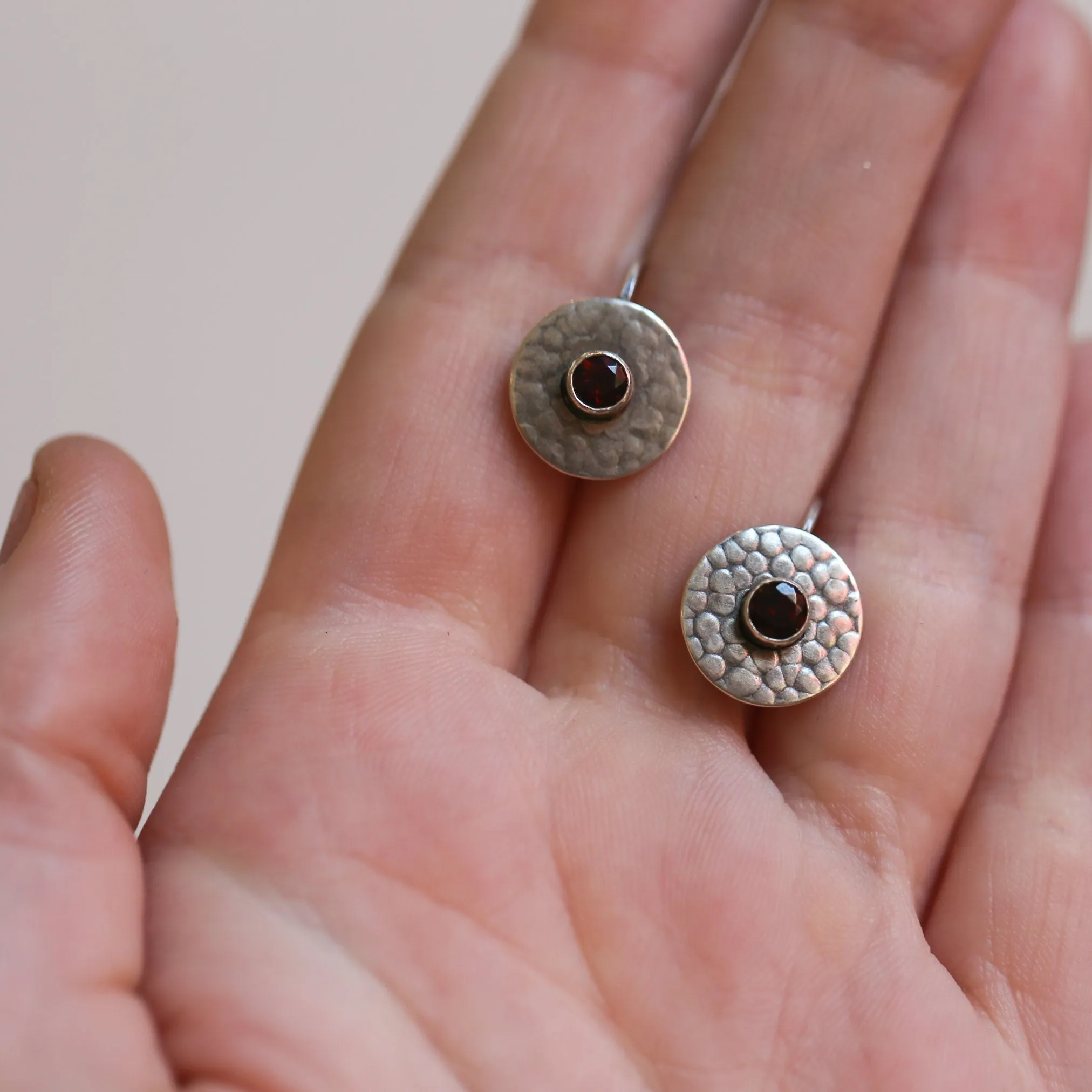 Garnet Drop Earrings - Garnet Earrings - Silversmith - Hammered Garnet Drops