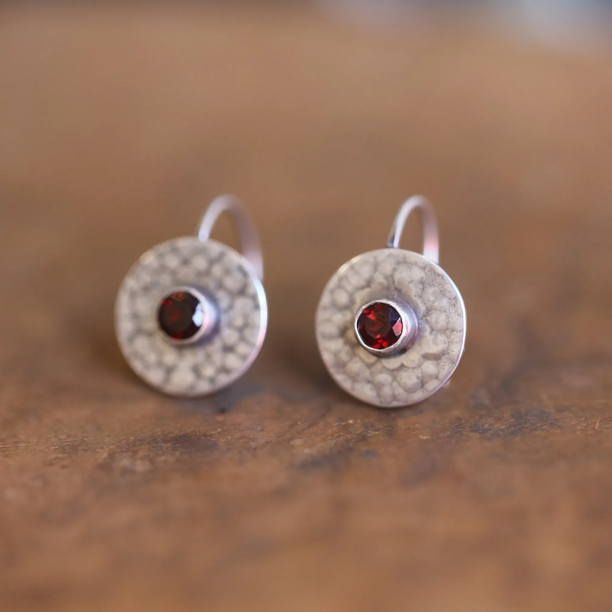 Garnet Drop Earrings - Garnet Earrings - Silversmith - Hammered Garnet Drops