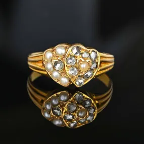 Georgian 15K Gold Rose Cut Diamond Double Heart Ring