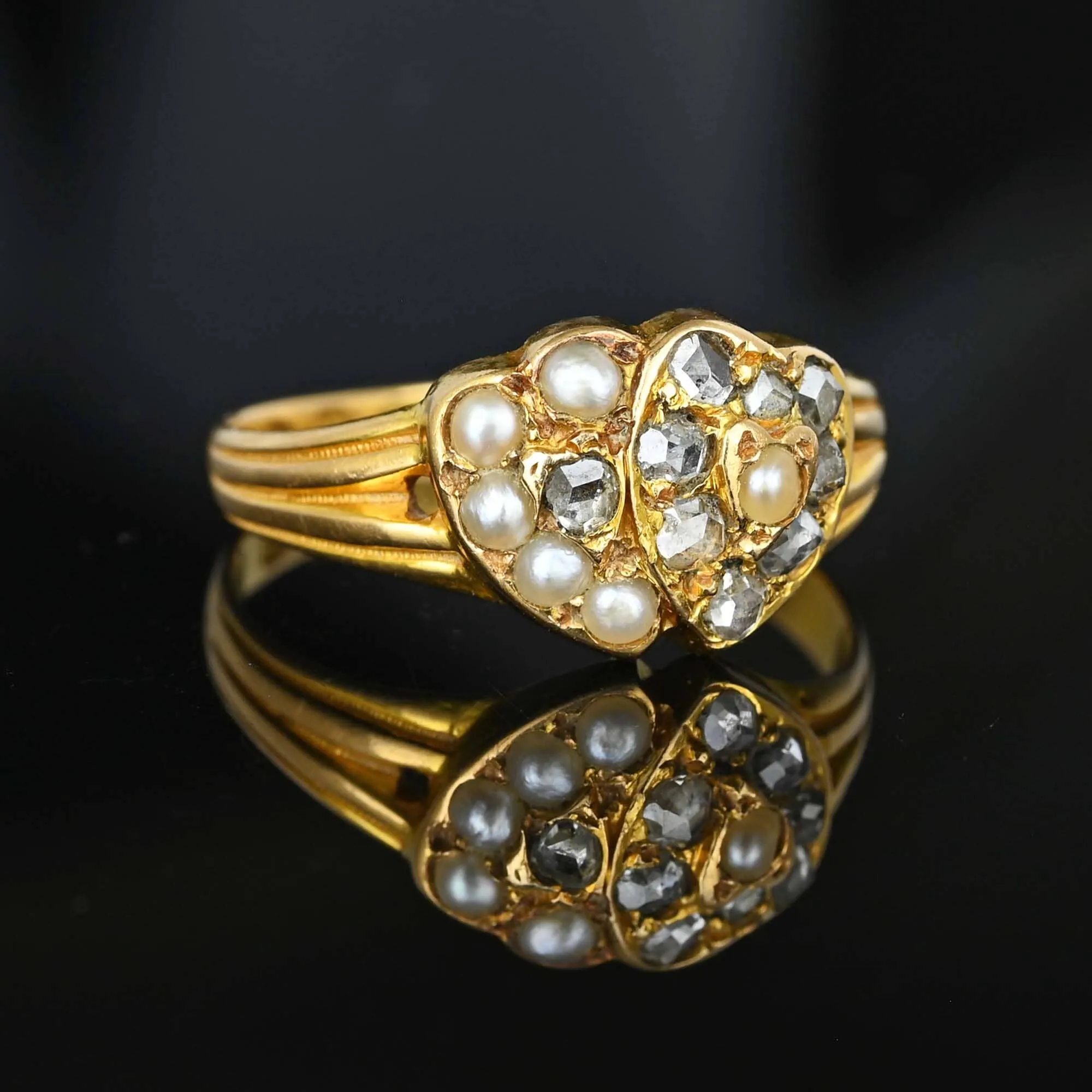 Georgian 15K Gold Rose Cut Diamond Double Heart Ring