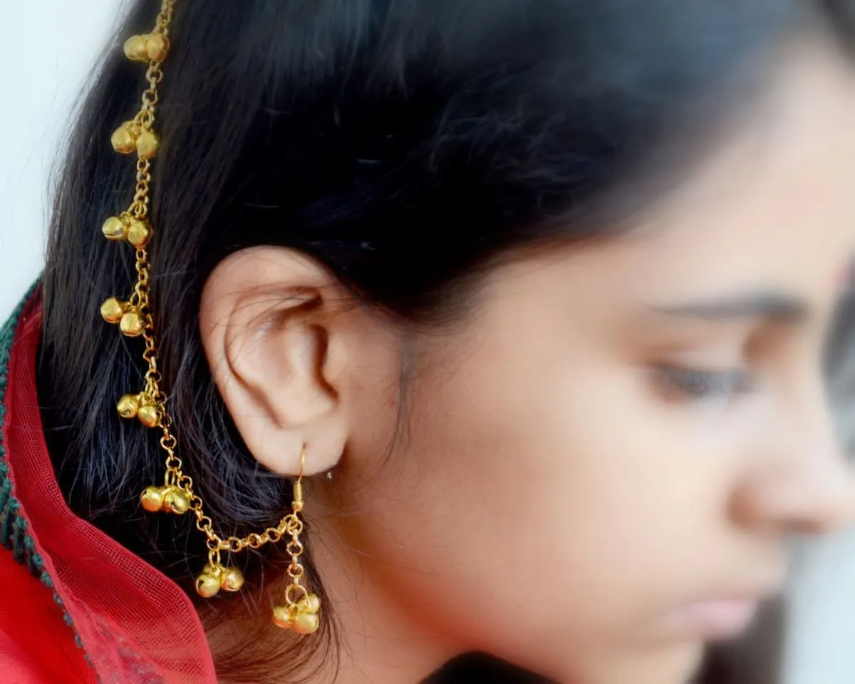 Gold Earring with Hair Chain, traditional Rajasthani ghungroo jhumka with supporting Ear Chain or Kaan Sahara