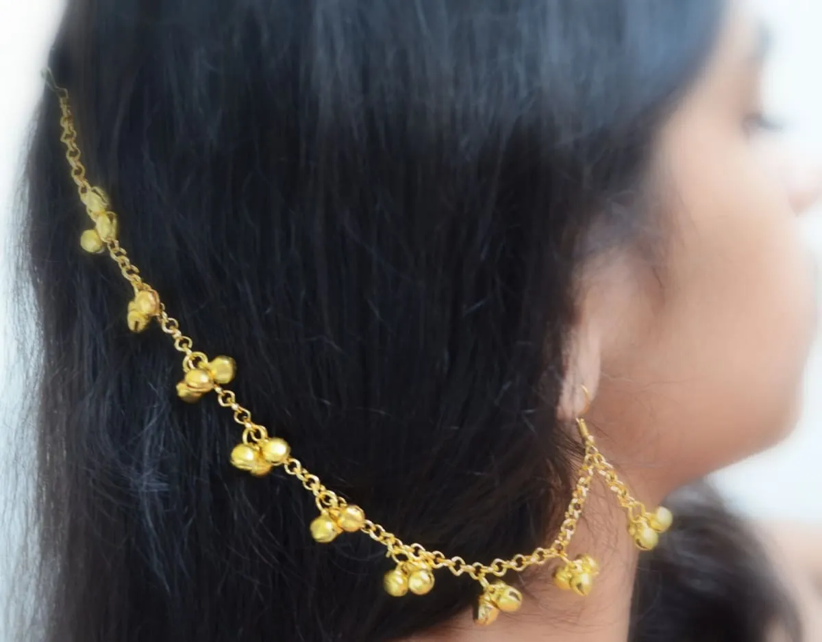 Gold Earring with Hair Chain, traditional Rajasthani ghungroo jhumka with supporting Ear Chain or Kaan Sahara