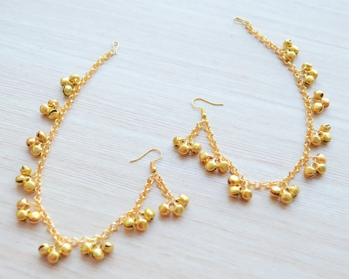 Gold Earring with Hair Chain, traditional Rajasthani ghungroo jhumka with supporting Ear Chain or Kaan Sahara