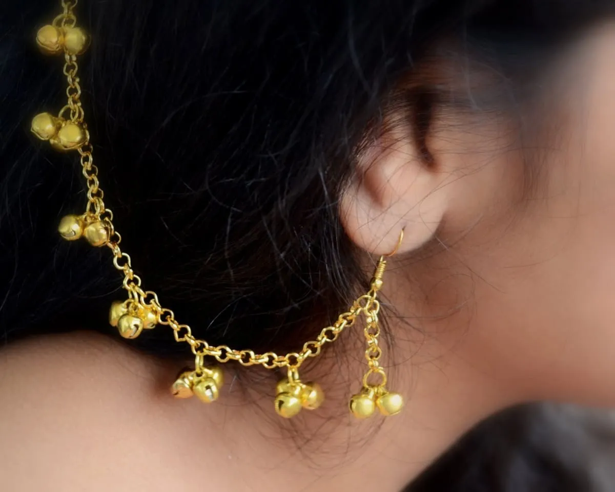 Gold Earring with Hair Chain, traditional Rajasthani ghungroo jhumka with supporting Ear Chain or Kaan Sahara