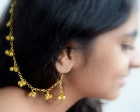 Gold Earring with Hair Chain, traditional Rajasthani ghungroo jhumka with supporting Ear Chain or Kaan Sahara