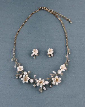 Gold Wedding Necklace Set Porcelain Flowers