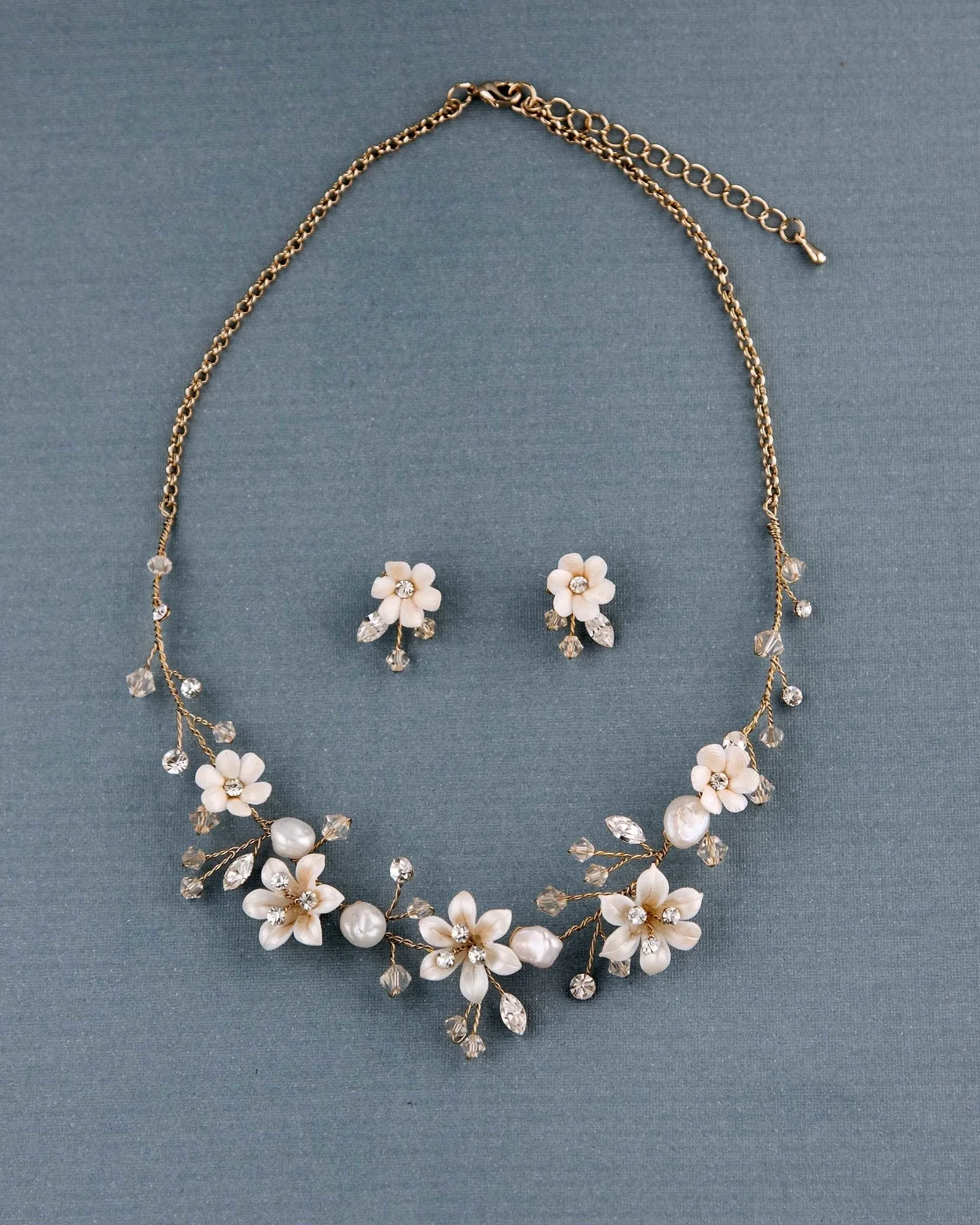 Gold Wedding Necklace Set Porcelain Flowers