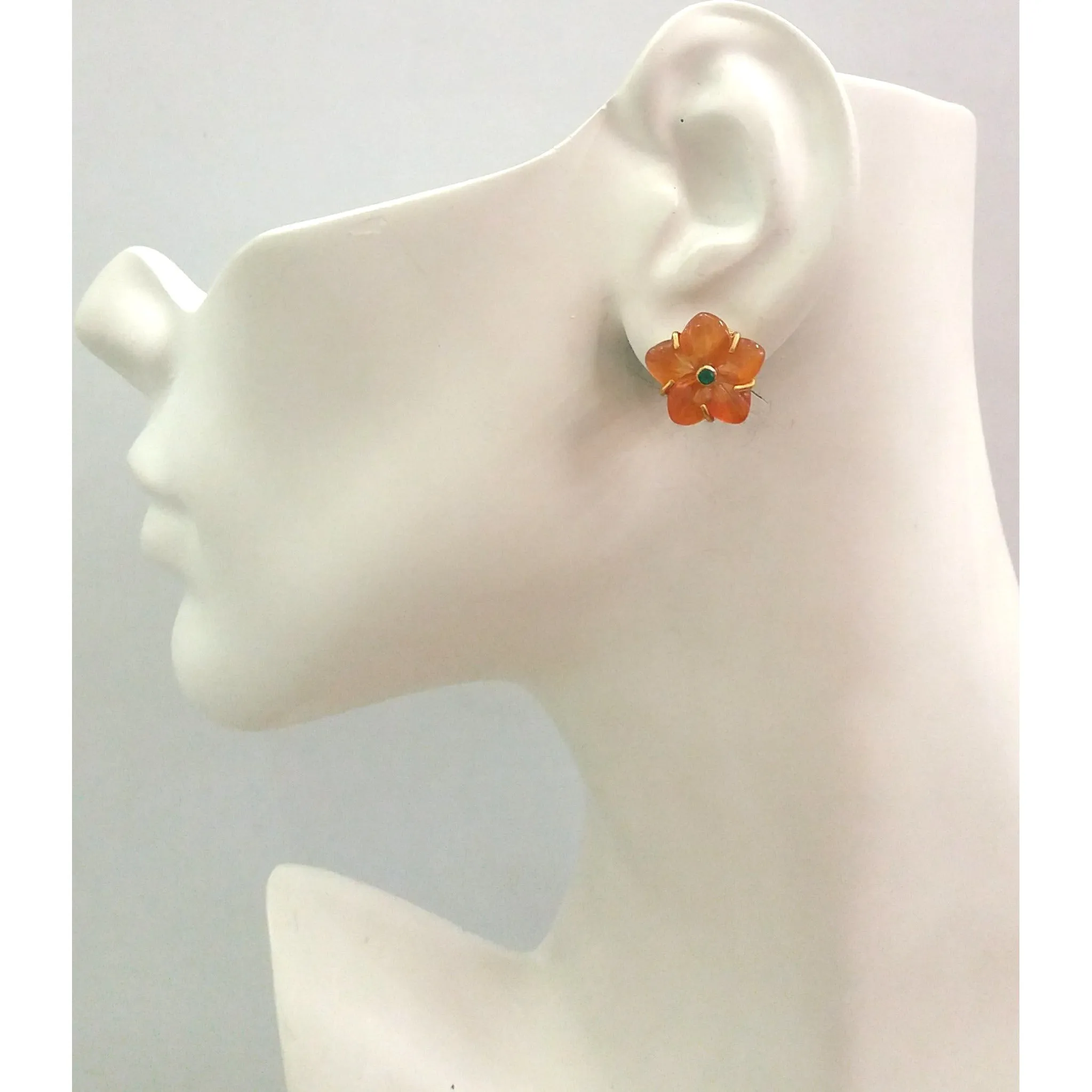 Green Agate on a Carved Carnelian Flower Stud with Green Agate on a Calla Lily White Jade Detachable Twinset Earrings