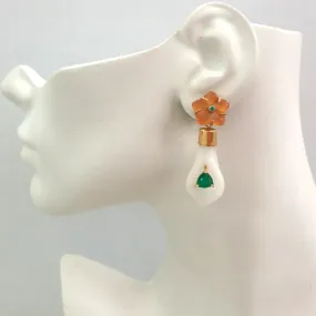 Green Agate on a Carved Carnelian Flower Stud with Green Agate on a Calla Lily White Jade Detachable Twinset Earrings